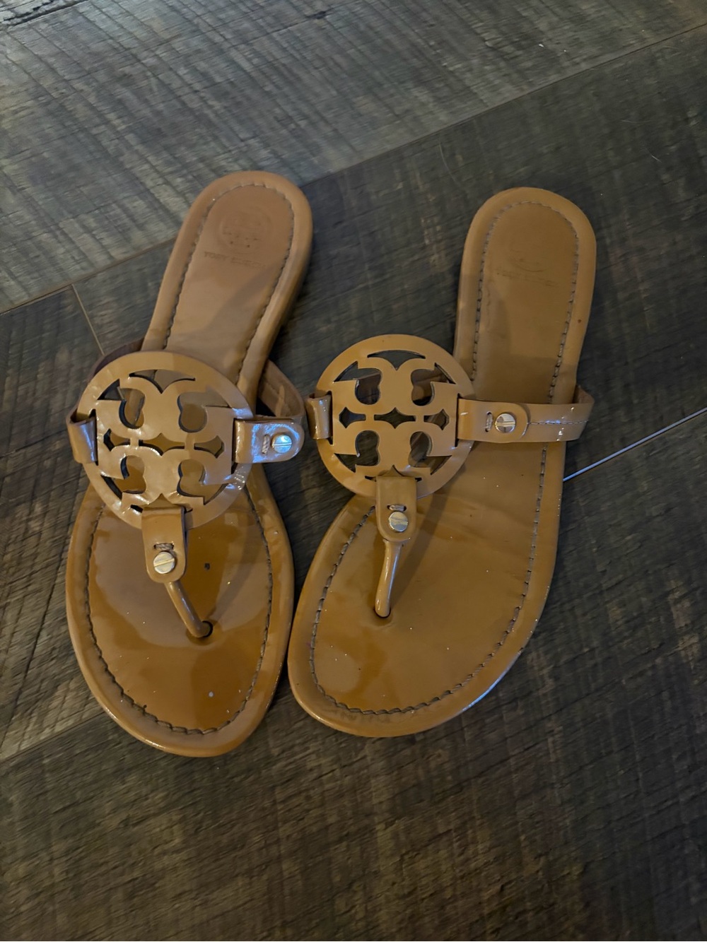 Tory Burch Cognac Patent Logo Thong Sandals